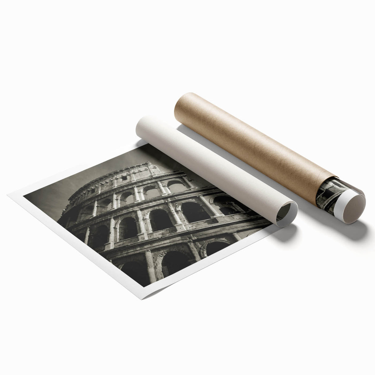 Large rolled print of the Colosseum in muted earth tones, ideal for classy bathroom wall art.