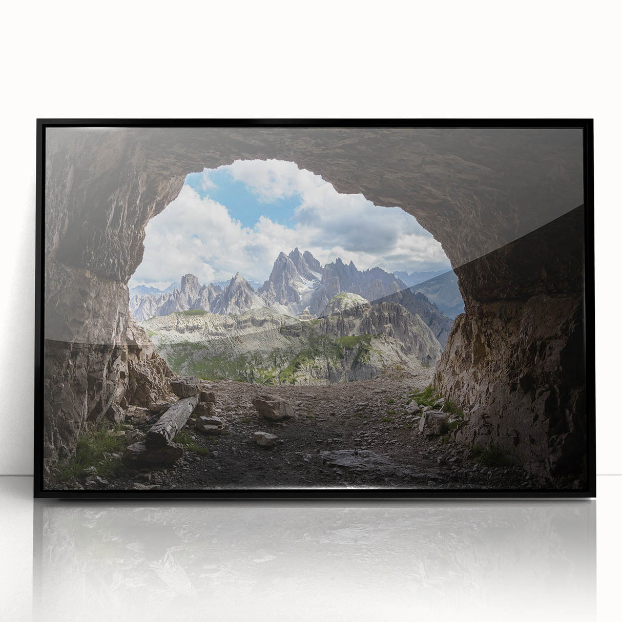 Large abstract wall art depicting the Dolomites in Italy with muted earth tones on a framed acrylic print.