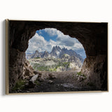 Framed canvas of the Dolomites in vintage poster style with a black and gold color scheme, ideal for bedroom wall art.