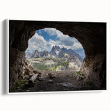 Vintage poster art of the Dolomites in vibrant colors on a framed canvas, ideal for living room decor.
