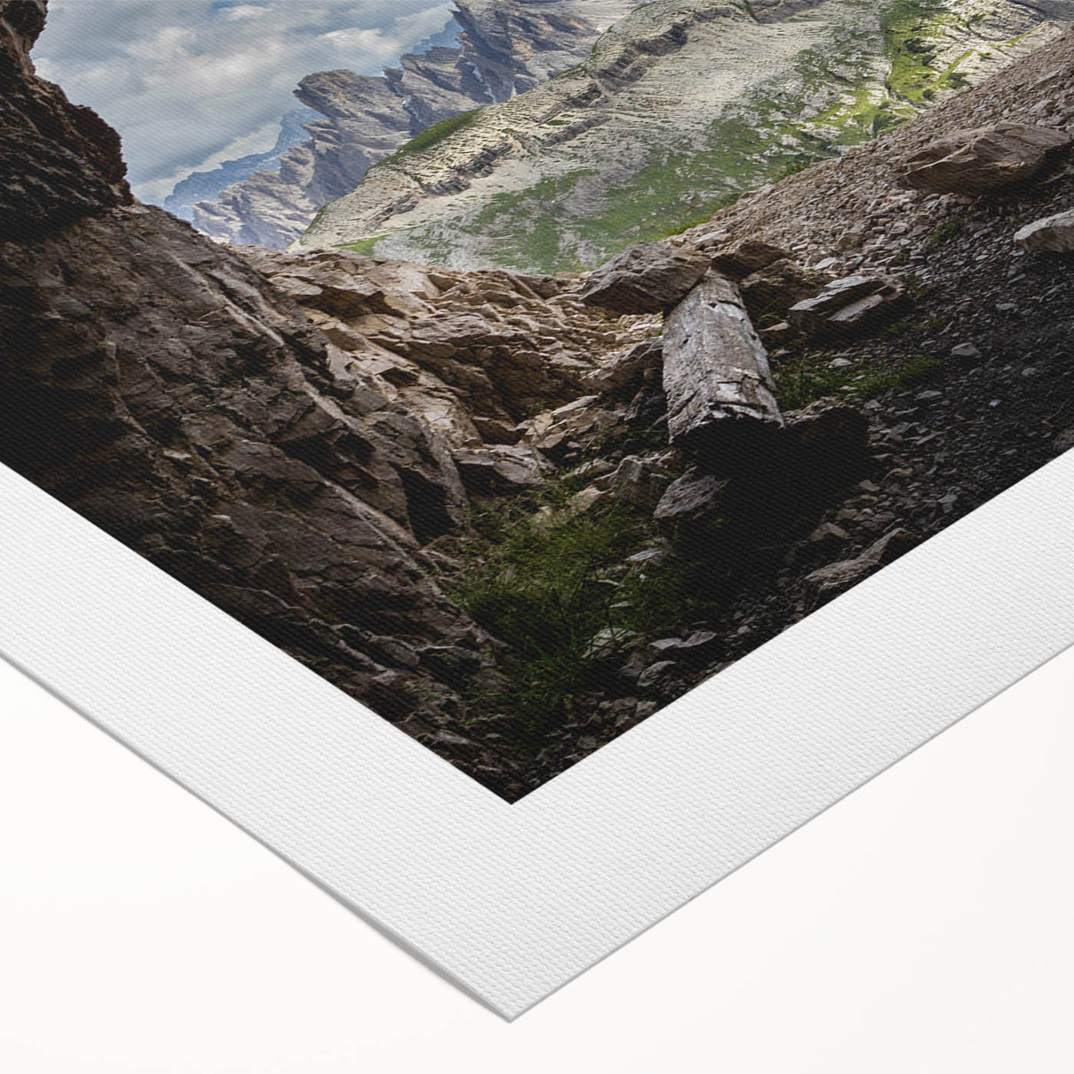 Art deco poster of the Dolomites in Italy featuring muted earth tones on a rolled canvas, suitable for dining room decor.