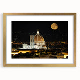 Abstract art print of Florence scenery in muted gold and earth tones on a framed canvas, suitable for dining room decor.