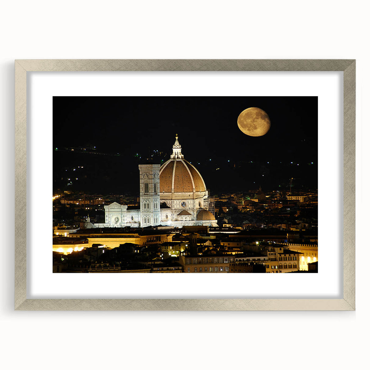 Extra large wall art featuring an abstract Florence cityscape in textured silver tones, ideal for living room decor.