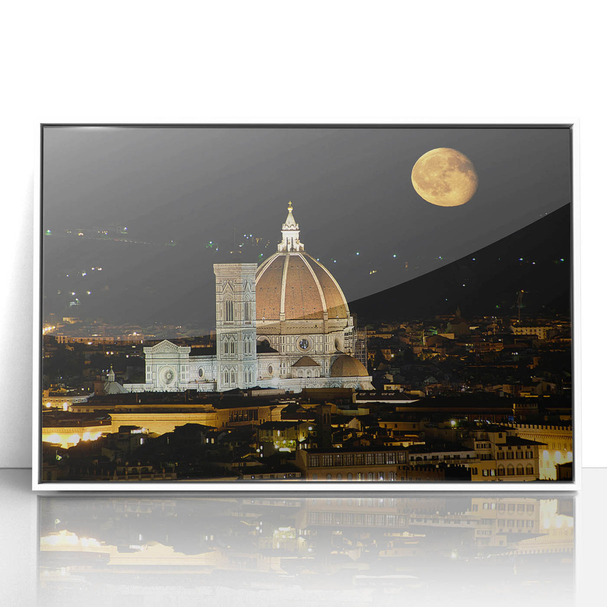 Mid-century modernist art of Florence skyline in muted earth tones on a framed acrylic, ideal for modern art wall decor.