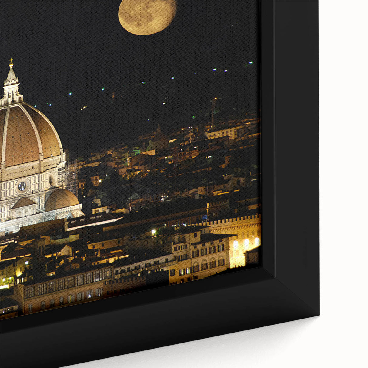 Extra large framed canvas of a textured Florence scenery in black with colorful art accents, ideal for living room decor.