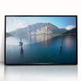 Framed acrylic print of Lake Como with muted blue and green tones in a mid-century modernist style.