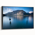 Black and white framed canvas of Lake Como landscape, featuring vintage poster art style, ideal for bedroom décor.