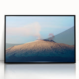 Large abstract wall art depicting Mount Etna in muted earth tones on a black framed acrylic.