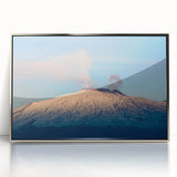 Large art print of Mount Etna in muted earth tones, framed in silver acrylic, ideal for modern art wall decor.