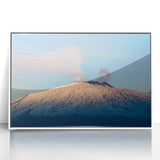 Mid-century modernist art depicting Mount Etna in muted earth tones on a white framed acrylic.