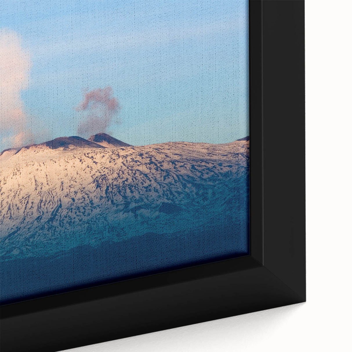 Extra large framed canvas of Mount Etna with textured black and colorful art, ideal for living room decor.
