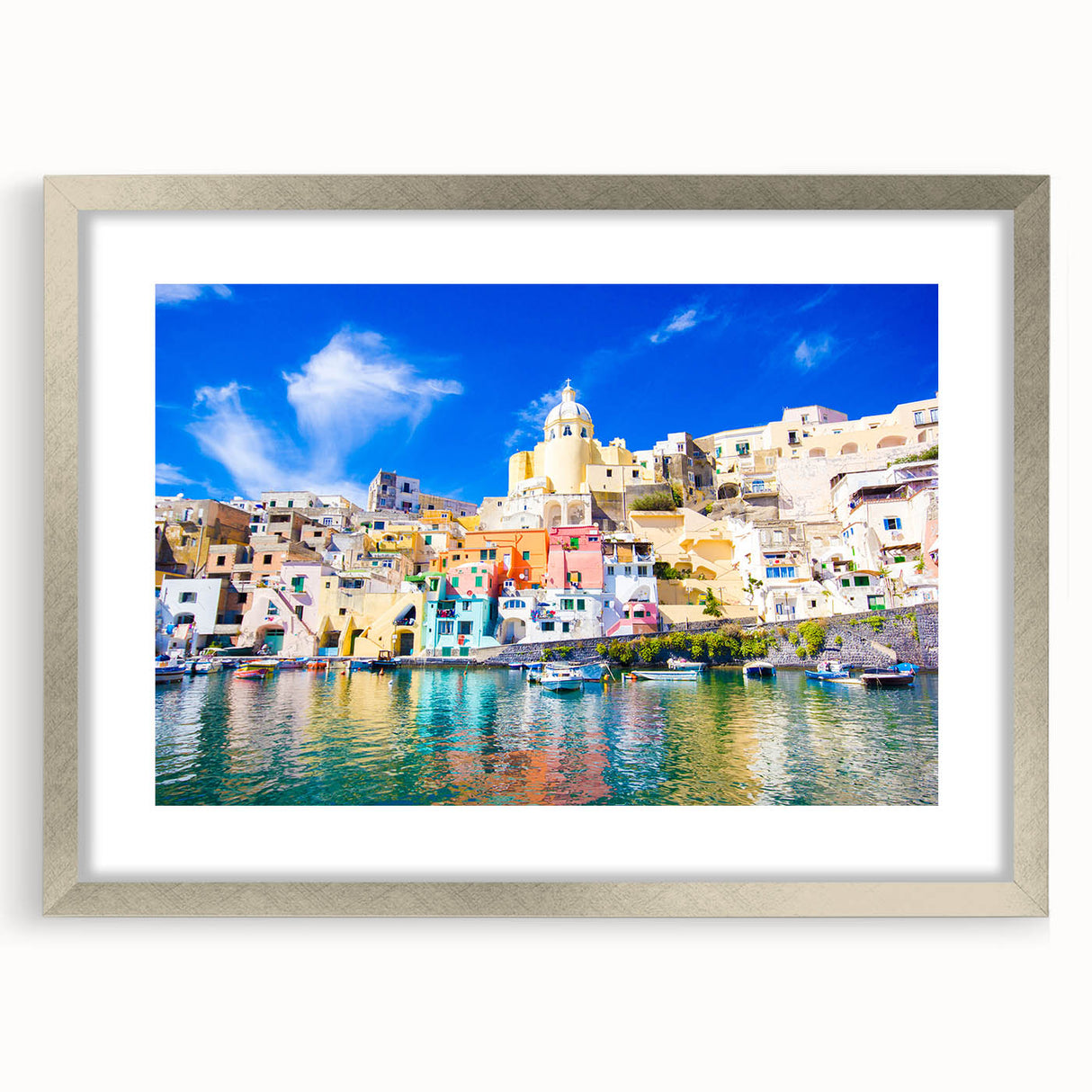 Extra large abstract art print featuring a textured view of Naples, Italy, in muted earth tones on a framed silver canvas.