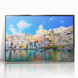 Large art print of Naples, Italy in muted pastel tones on a silver-framed acrylic, ideal for modern art wall decor.