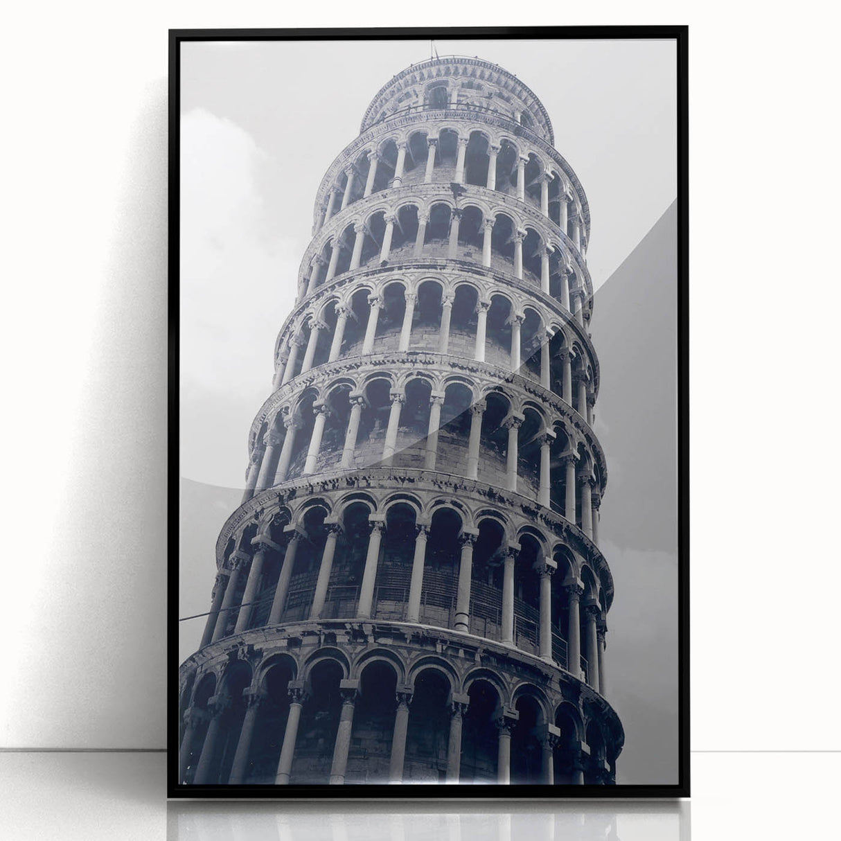 Large abstract wall art of Pisa, Italy, in mid-century modernist style, acrylic print framed in black.