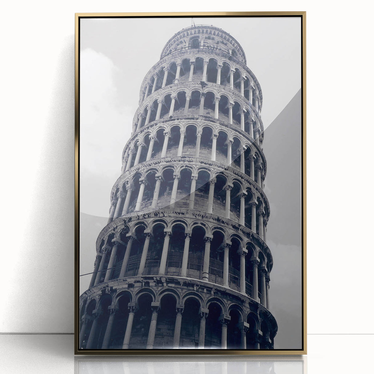 Art deco poster of Pisa Tower in muted gold tones on acrylic, framed, ideal for modern art wall decor.