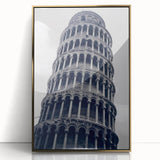Art deco poster of Pisa Tower in muted gold tones on acrylic, framed, ideal for modern art wall decor.