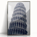 Acrylic print of the Leaning Tower of Pisa in muted earth tones, framed in silver, ideal for modern art wall decor.