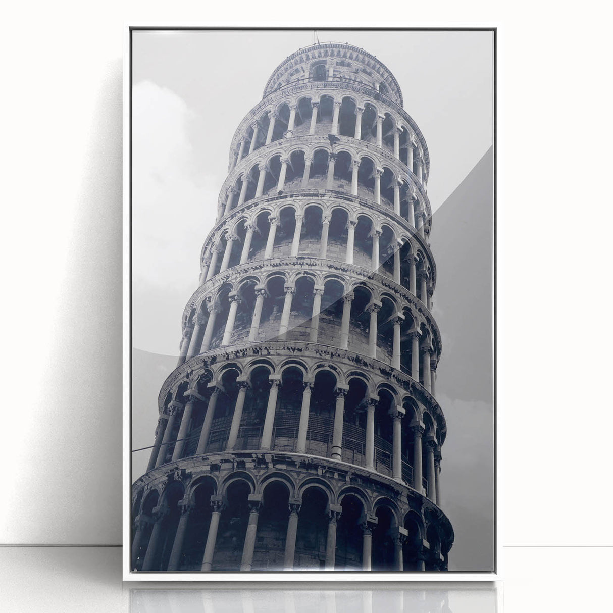Mid-century modernist art of the Leaning Tower of Pisa in muted earth tones on a framed acrylic, ideal for nursery wall art.