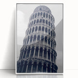 Mid-century modernist art of the Leaning Tower of Pisa in muted earth tones on a framed acrylic, ideal for nursery wall art.