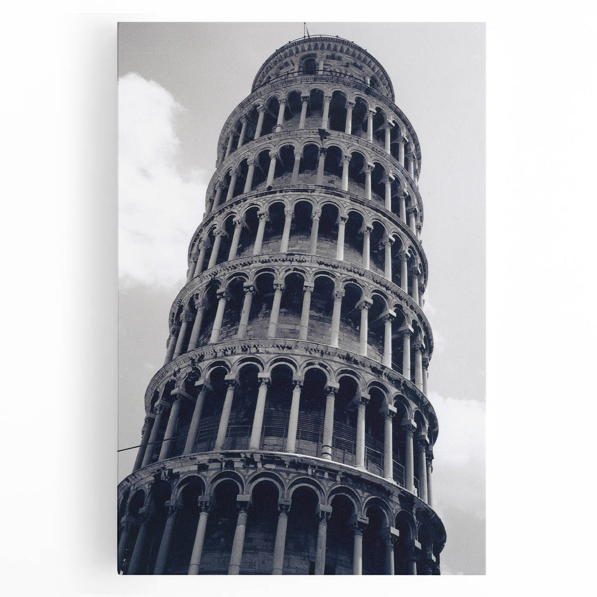 Black and white photo of the Leaning Tower of Pisa on stretched canvas, ideal for kitchen wall art.