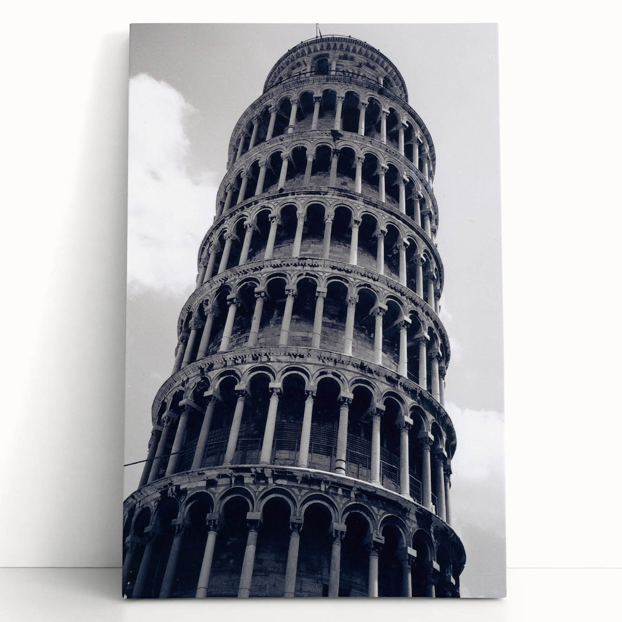 Black and white image of the Leaning Tower of Pisa on stretched canvas, suitable for kitchen art.