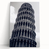Black and white image of the Leaning Tower of Pisa on stretched canvas, suitable for kitchen art.