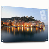 Acrylic print of Portofino, Italy scenery with vibrant coastal colors, ideal for dining room art.