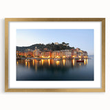 Abstract art print of Portofino, Italy, in muted earth tones on a framed canvas, suitable for dining room decor.