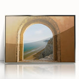A large art print of a Sicilian landscape, featuring muted earth tones in a mid-century modernist style.
