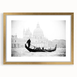 Abstract art print of Venice scenery in muted gold and blue tones, framed with a mat, ideal for dining room decor.