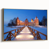 Framed canvas featuring a vintage-style landscape painting of a Lithuanian scenery in muted gold and black tones.