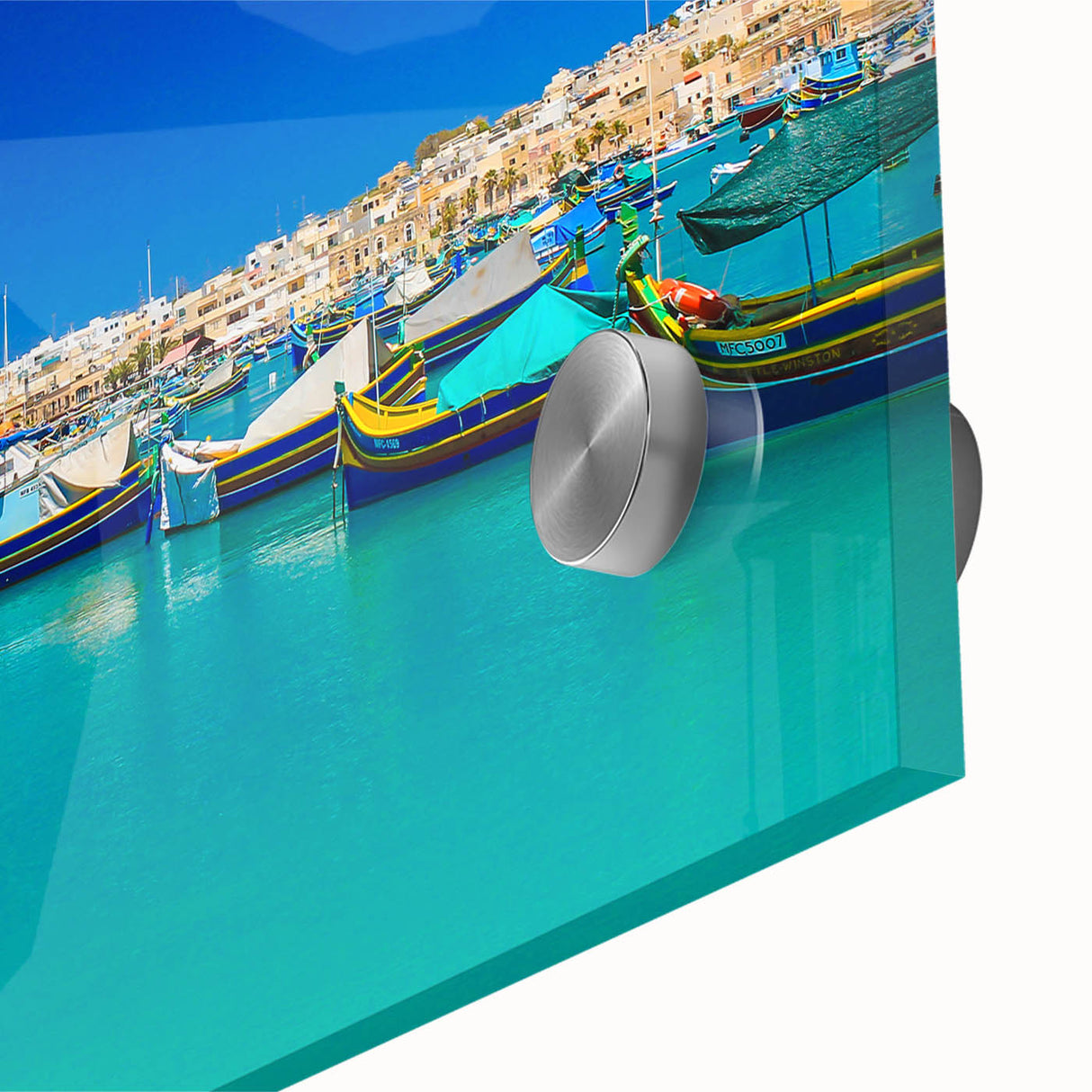 Large abstract wall art of a European Malta scenery in muted earth tones on acrylic glass, ideal for dining room decor.