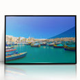 Large abstract wall art of a European Malta scenery in muted earth tones, acrylic print in black frame.