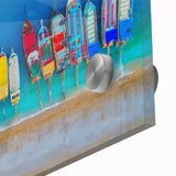 Large abstract wall art of the Mediterranean Sea in muted blue and teal, acrylic glass, ideal for dining room ambiance.