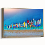 Framed canvas wall art featuring a Mediterranean landscape in muted gold and blue tones, ideal for bedroom decor.
