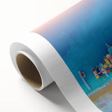 Art deco poster of the Mediterranean Sea in pastel blue and white tones, ideal for nursery wall art, on rolled canvas.