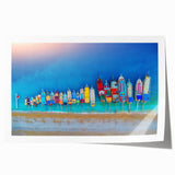 Rolled print of a Mediterranean seaside scene in soft blue and white tones, ideal for art wall dining room.