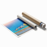 Extra large rolled print featuring a Mediterranean seascape with vibrant blue water and floral foreground.