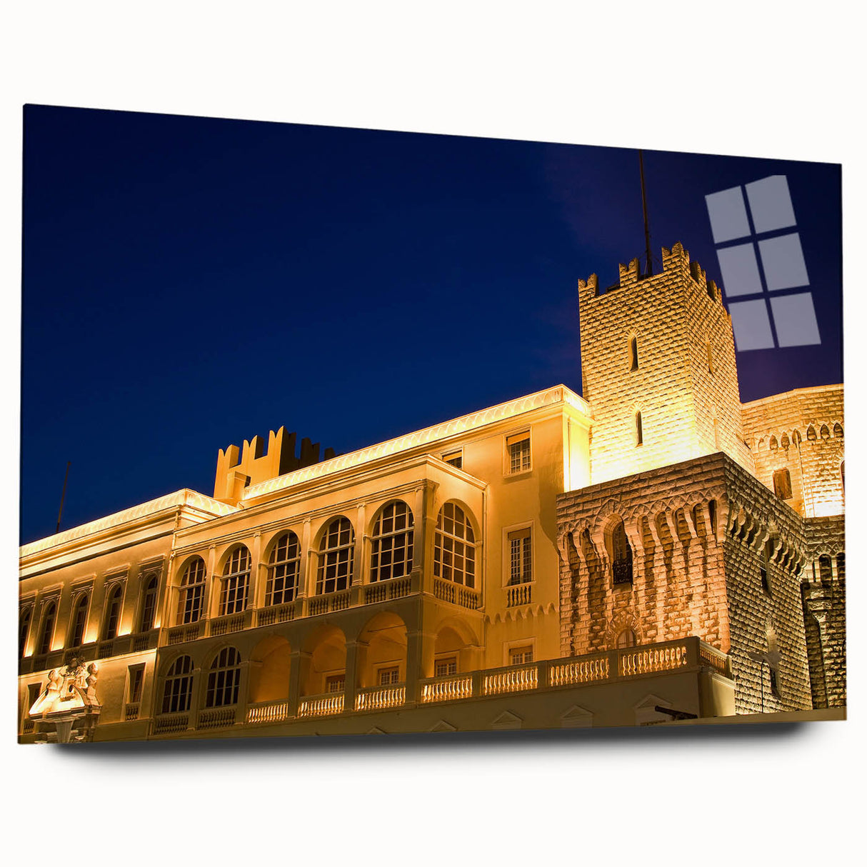 Large abstract wall art of Monaco scenery in vibrant blue and orange tones, acrylic print.