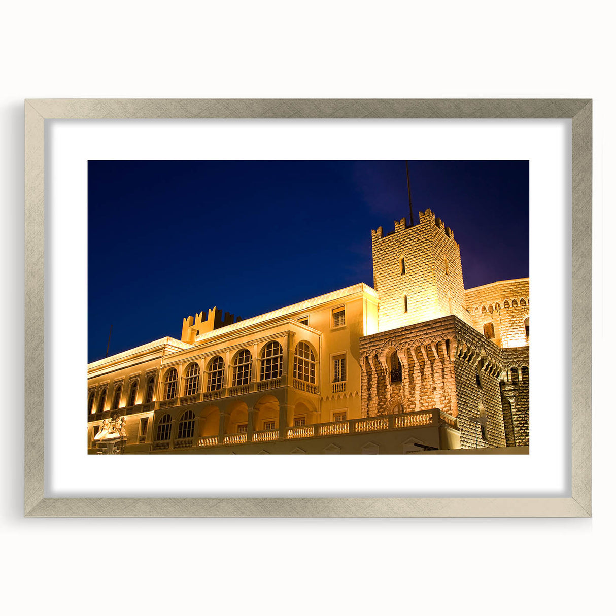 Extra large abstract art print of a European Monaco scenery in muted earth tones, framed in silver.
