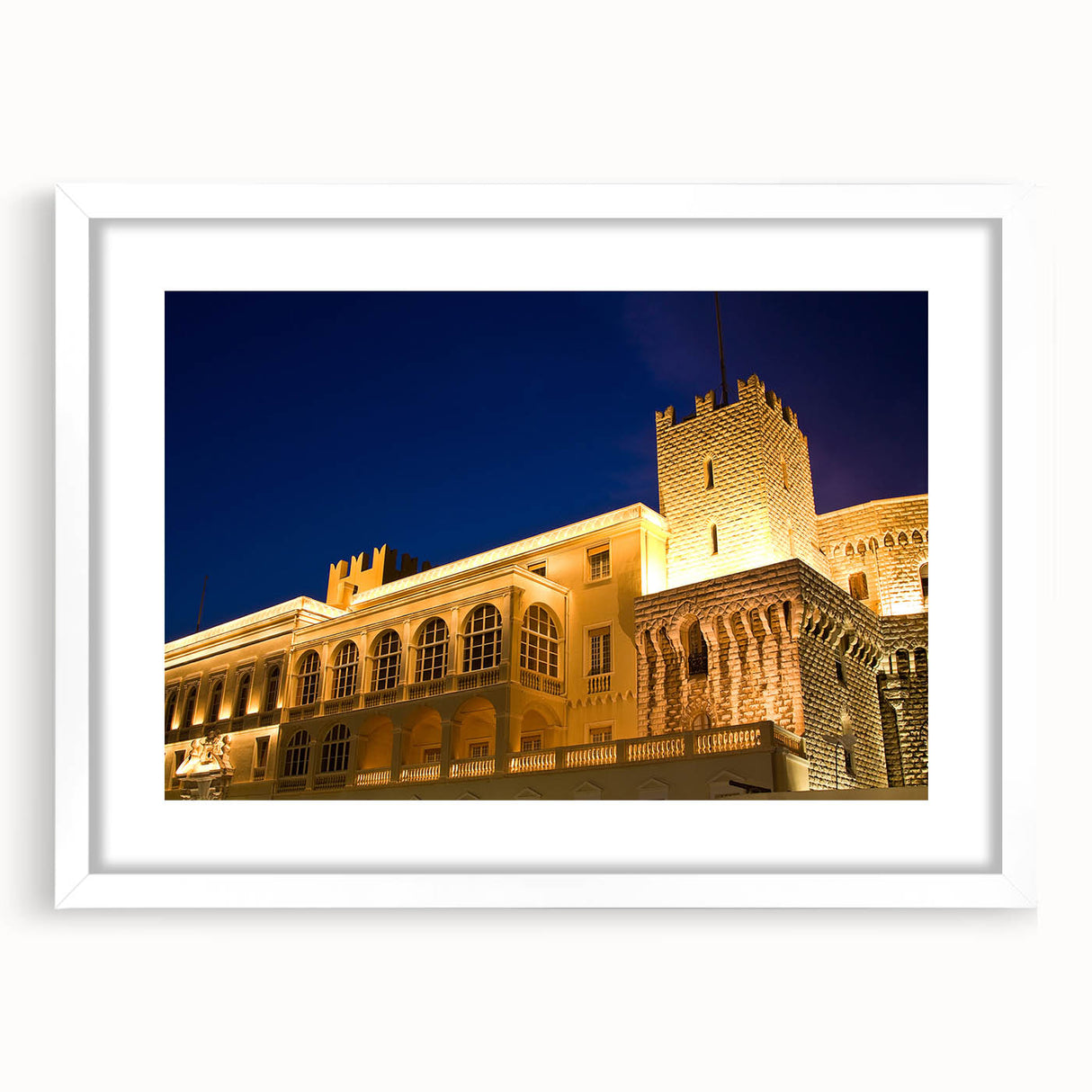 Textured abstract art print of a Monaco scenery in muted blue and white hues, framed with a white mat.