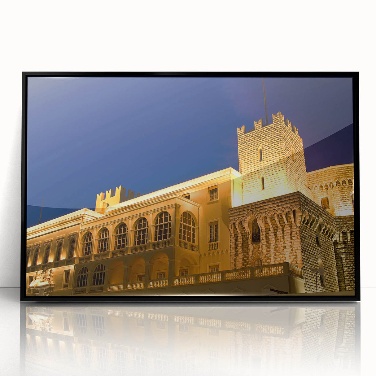 Large abstract wall art depicting Monaco scenery in mid-century modernist style, framed in black acrylic.