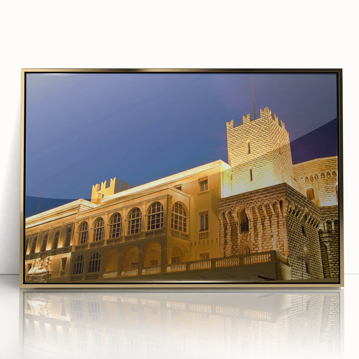 Art Deco-style poster of Monaco scenery in muted gold and blue tones, acrylic framed, suitable for modern art wall decor.