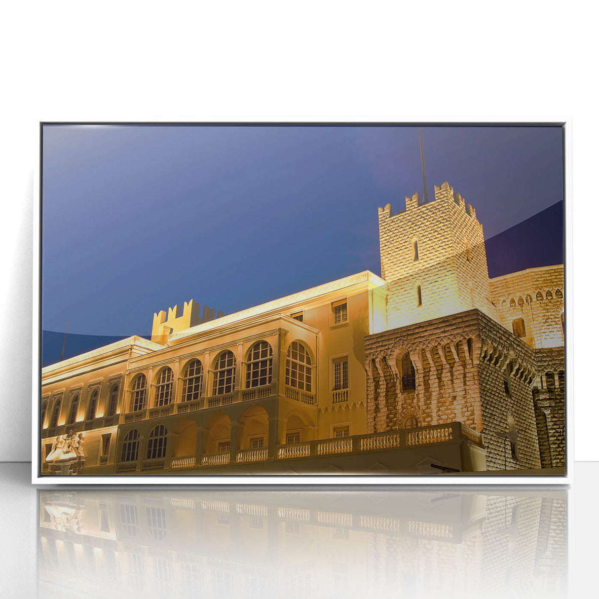 Mid-century modernist art depicting the Monaco scenery in muted tones on a white-framed acrylic, ideal for nursery wall art.