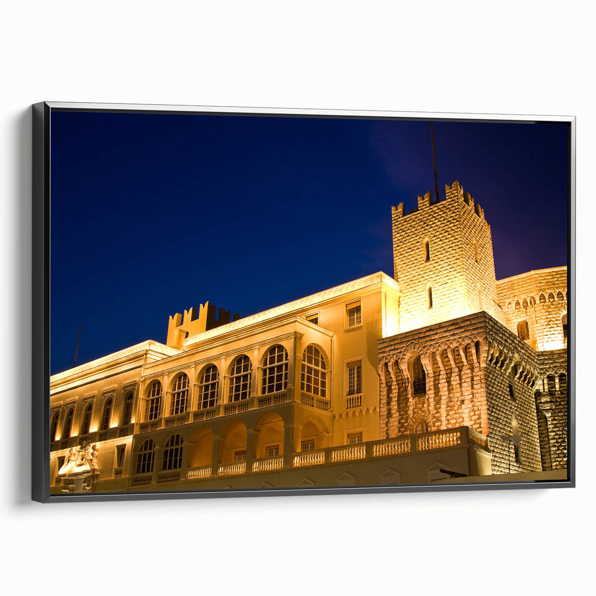 Black and white framed canvas of a vintage Monaco landscape, ideal for bedroom wall decor.