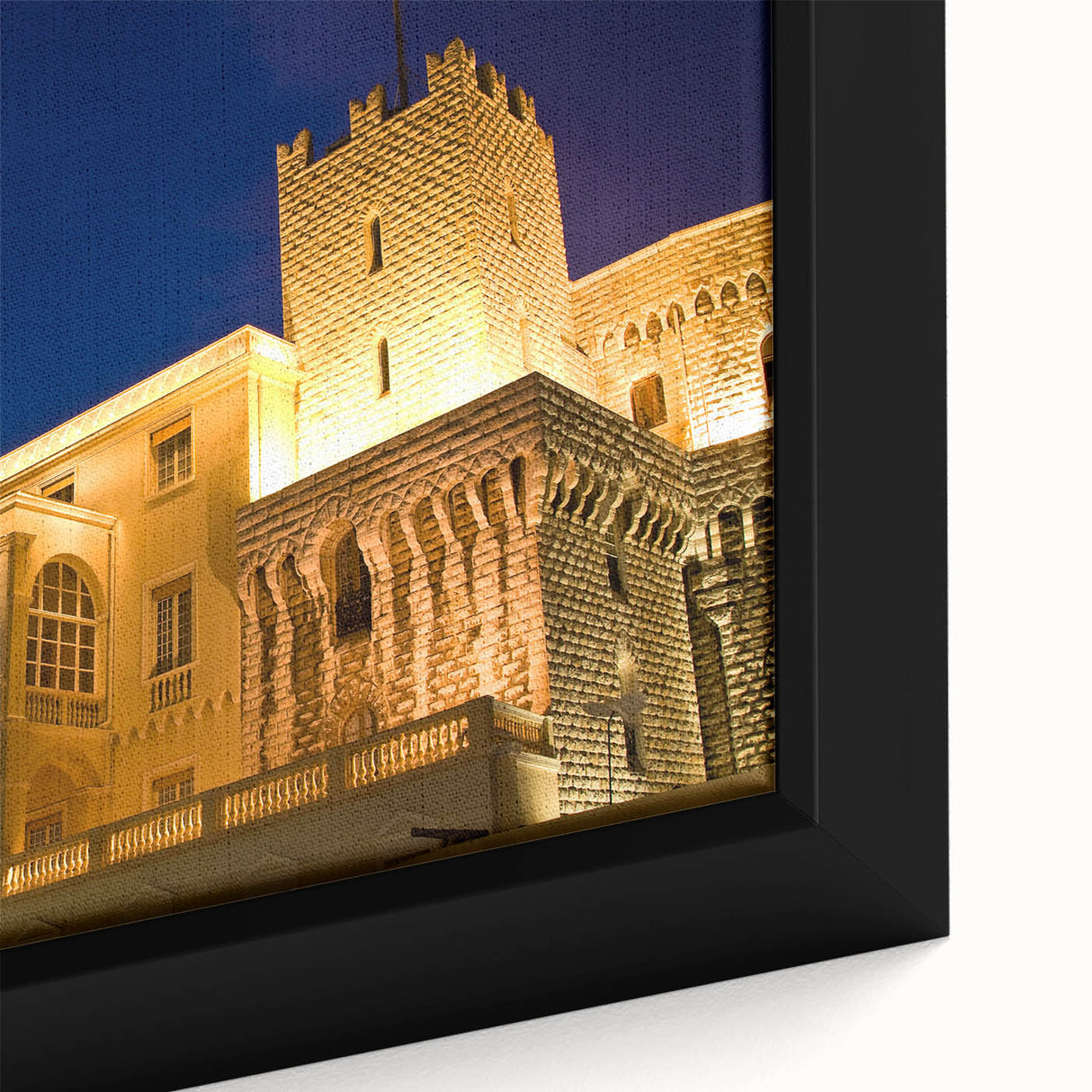 Extra large framed canvas featuring a textured depiction of Monaco scenery in black with colorful accents.