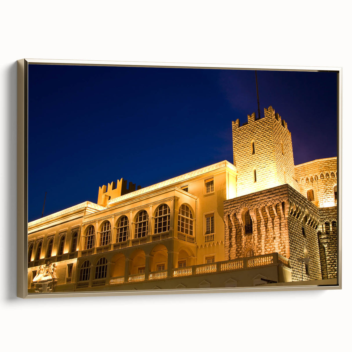 Framed canvas featuring a vintage-style Monaco landscape with muted gold and black tones, ideal for bedroom wall decor.