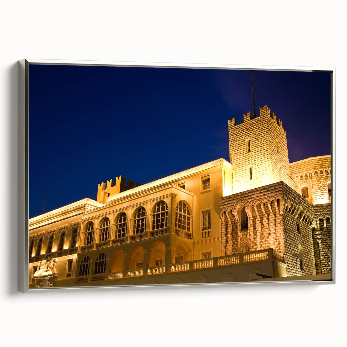 Landscape art painting of Monaco on a framed canvas, featuring a vintage poster style with colorful art and black accents.