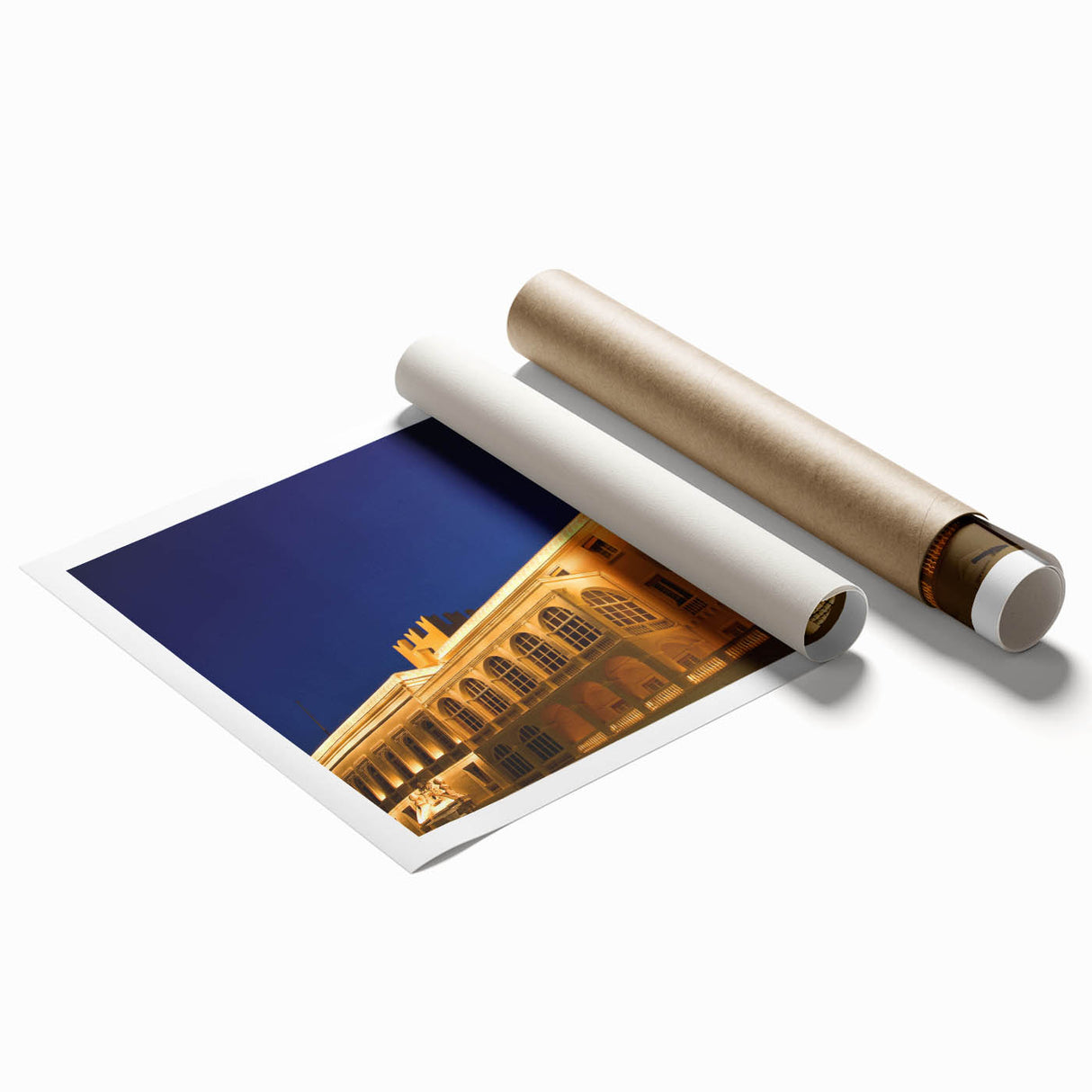 Rolled print of Monaco scenery with vibrant floral elements in pastel shades, suitable for classy bathroom wall art.