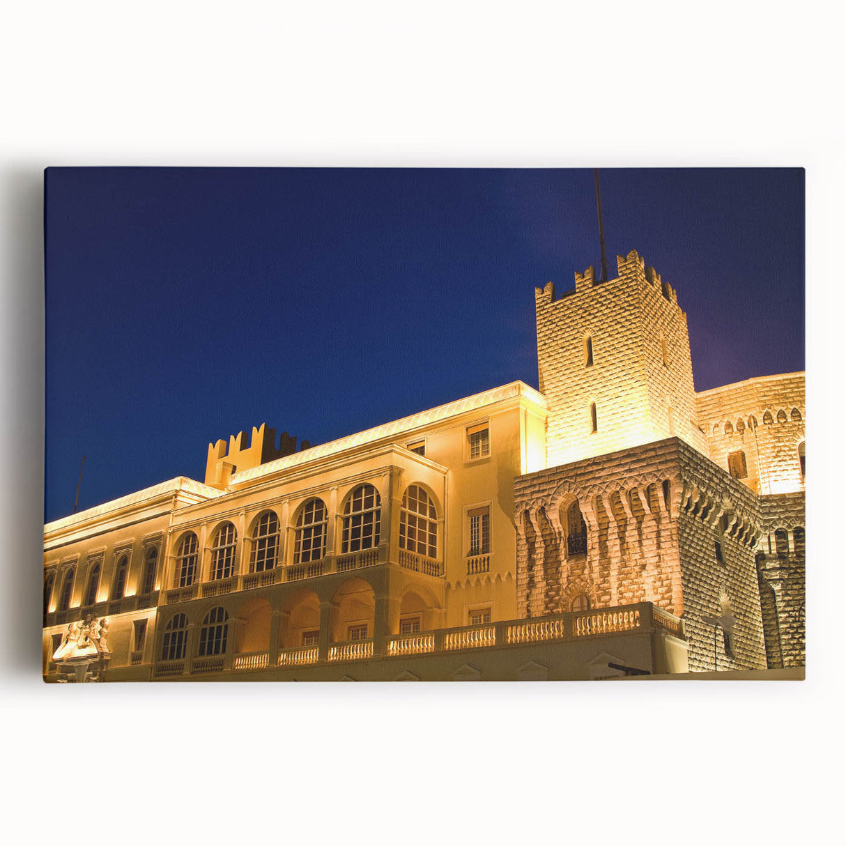 Black and white photograph of Monaco on stretched canvas, featuring city and ocean views, ideal for kitchen wall art.